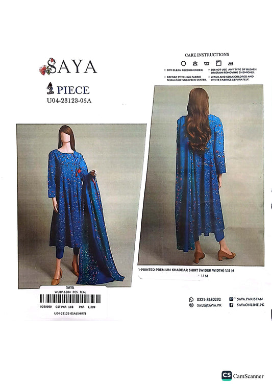 Saya Printed Khaddar Shirt - 1PC (Unstitched)