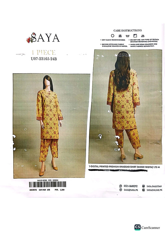 Saya Printed Khaddar Shirt - 1PC (Unstitched)