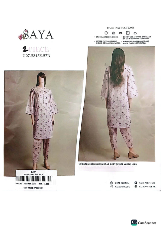 Saya Printed Khaddar Shirt - 1PC (Unstitched)